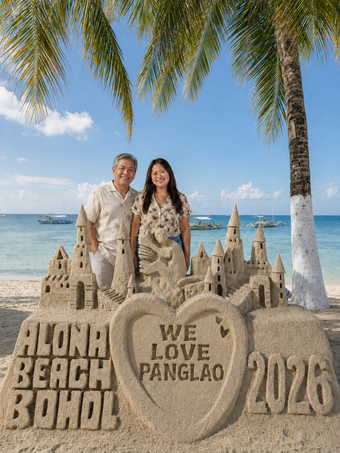 Filipino travel hosts Elena and Rafael Villanueva standing behind a We Love Panglao sand sculpture with the ocean and bangka boats behind them