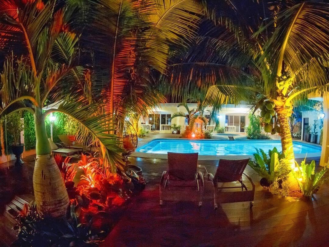 The tropical pool illuminated after dark