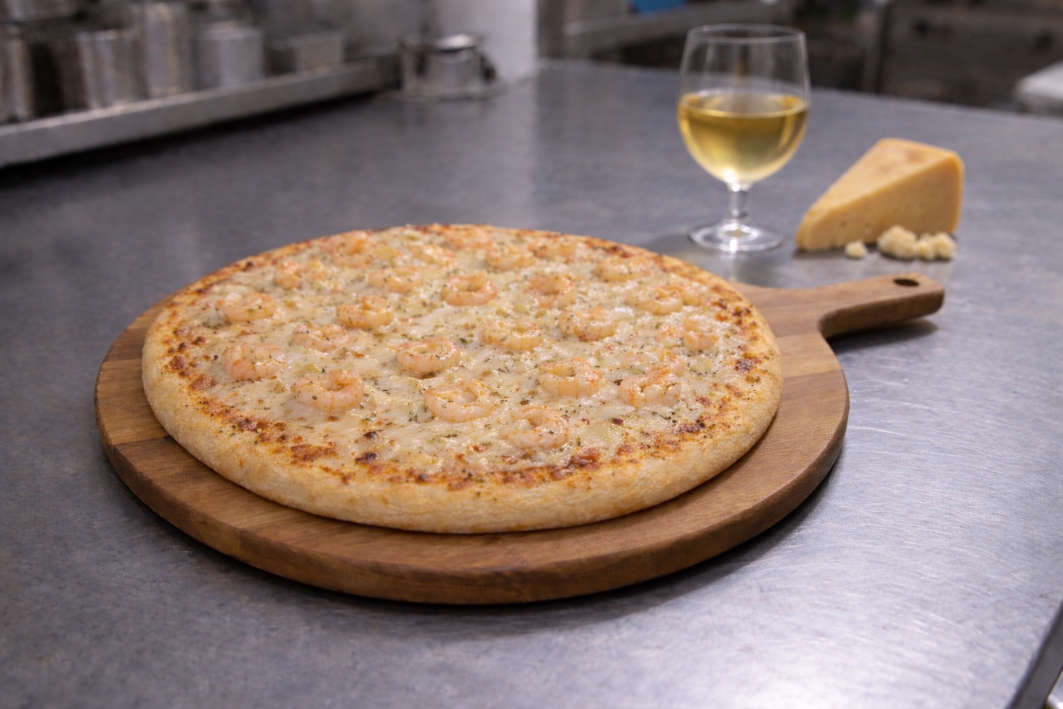 A freshly baked shrimp pizza